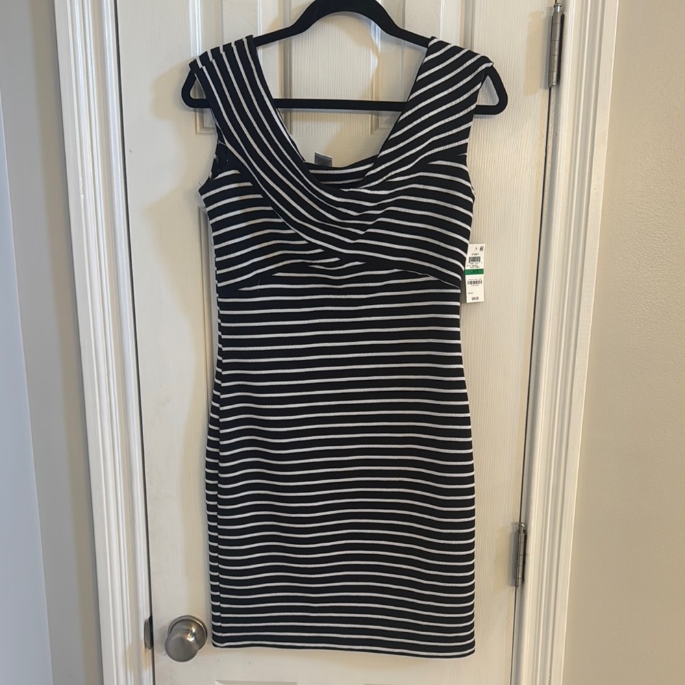 NWT Bar III Black and White Ruched Striped Dress